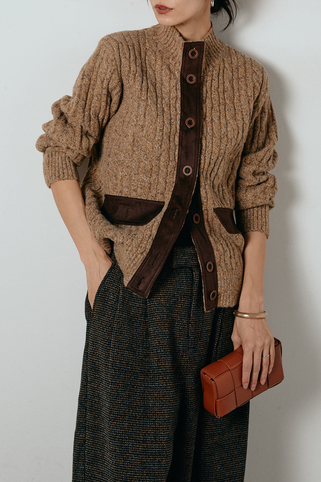 [SET]ボトルネックケーブルニットカーディガン+起毛タック入りツイードワイドパンツ(2set)