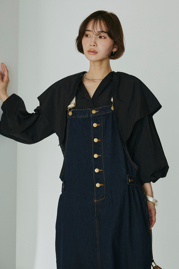 [SET]ケープカラーナイロンブラウス+配色ショルダーデニムサロペットスカート(2set)