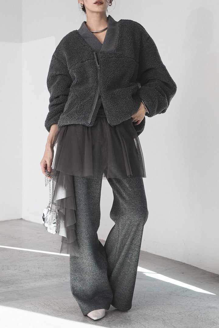 [SET]ノーカラーリブボアアウター+チュールレイヤードニットパンツ(2set)