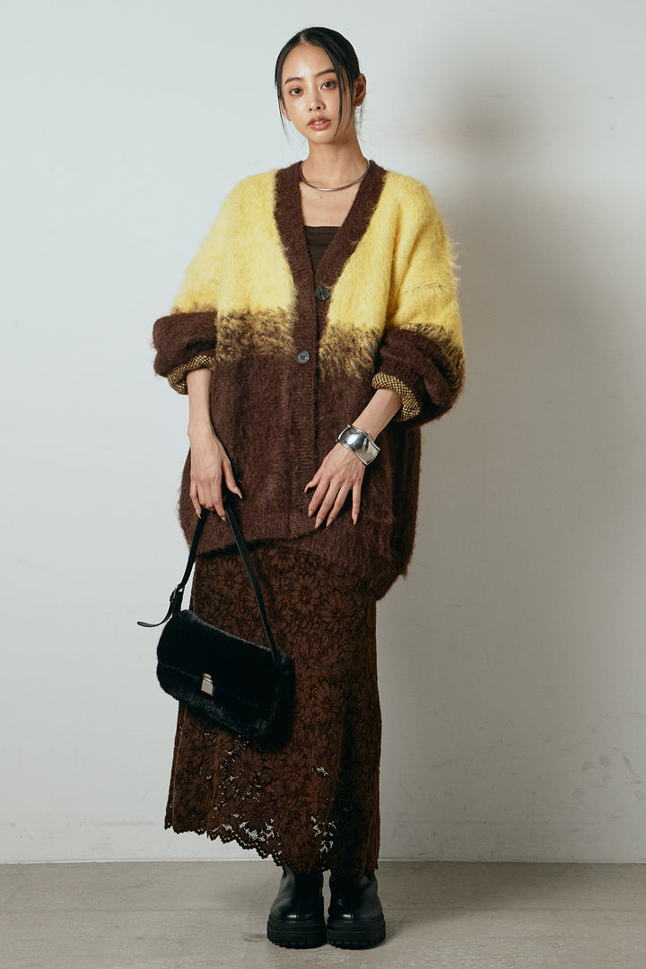 [SET]起毛グラデーションニットカーディガン+花柄刺繍ベロアフレアスカート(2set)