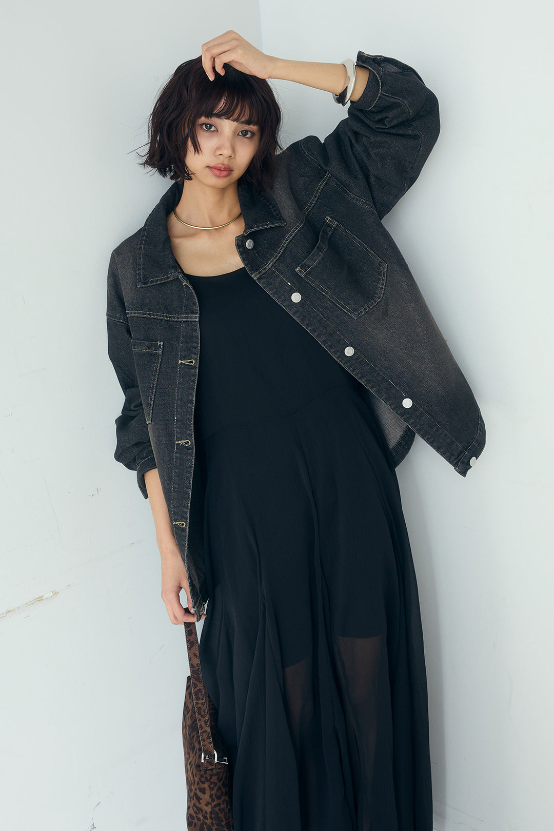 [SET]デニムオーバーサイズジャケット+シアーフリルキャミワンピース(2set)