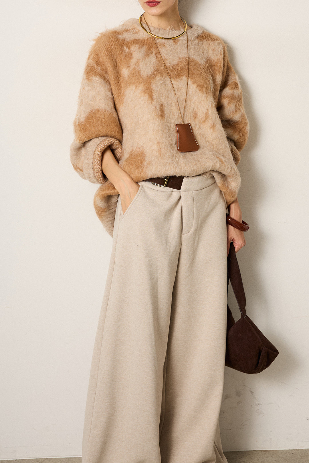 [SET]モヘアタッチマーブルニット+サイドベルトパンツ(2set)