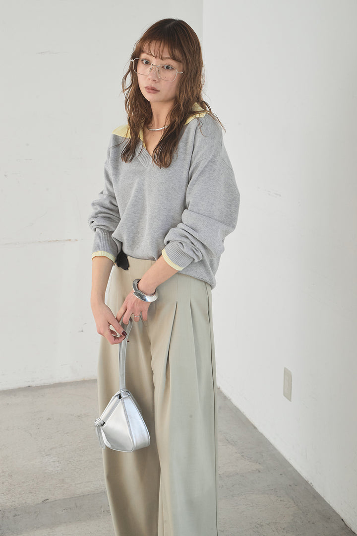 [SET]バイカラーニットレイヤード風プルオーバー+サイドベルトタック入りスラックス(2set)