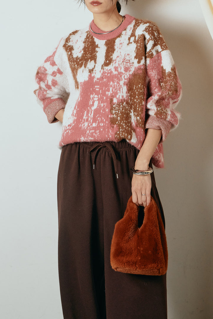 [SET]起毛ニュアンス柄ニットプルオーバー+裏起毛スウェットワイドパンツ(2set)