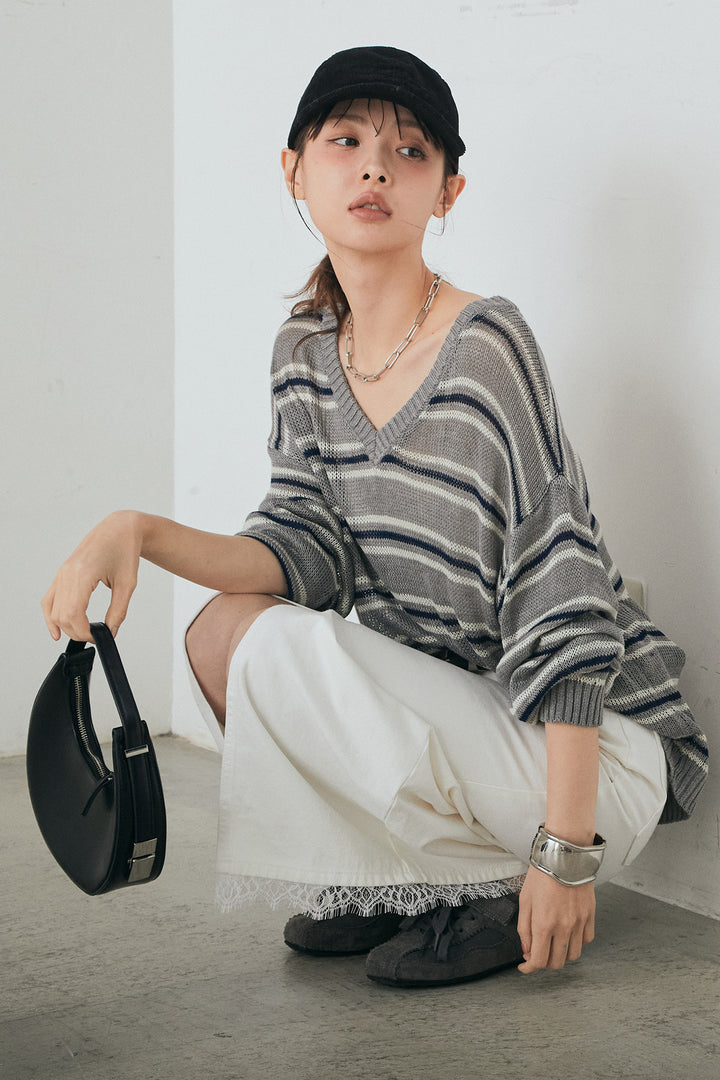 [SET]綿タッチVネックボーダートップス+裾レースデザインデニムスカート(2set)