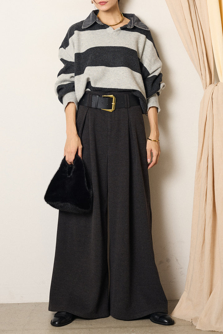 [SET]デニムカラーボーダールーズニット+ゴールドバックル太ベルト付きワイドパンツ(2set)