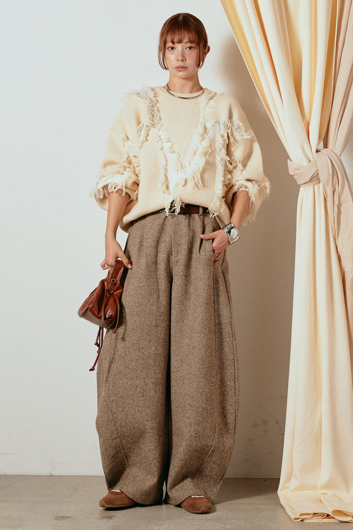 [SET]シャギージャガードニットトップス+ベルト付きネップツイードカーブパンツ(2set)