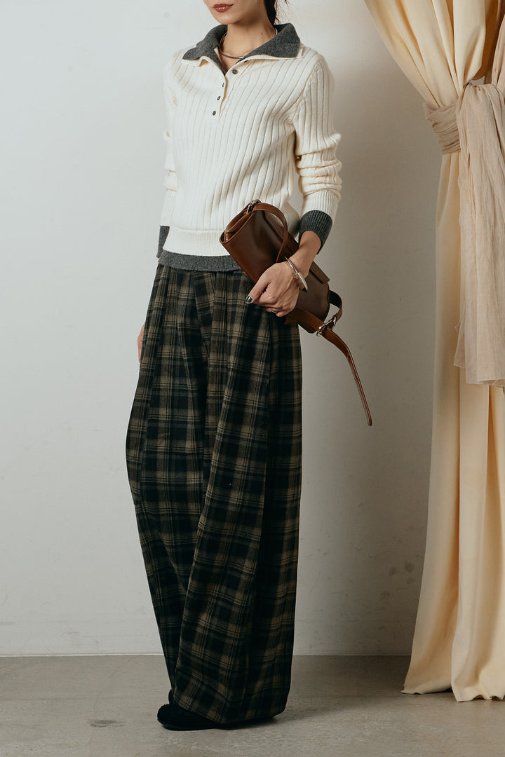 [SET]レイヤード風リブニットトップス+ベルト付きタータンチェックカーブワイドパンツ(2set)
