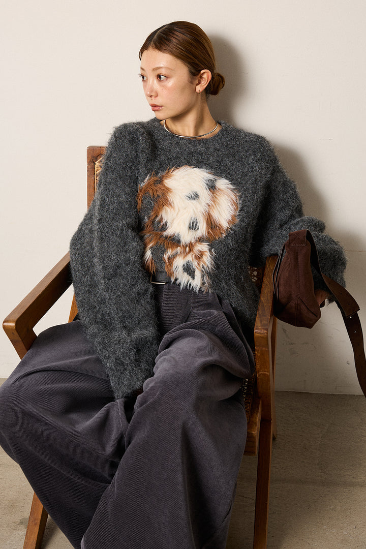 [SET]シャギーニュアンスアニマルニット+ベルトループコーデュロイワイドパンツ(2set)