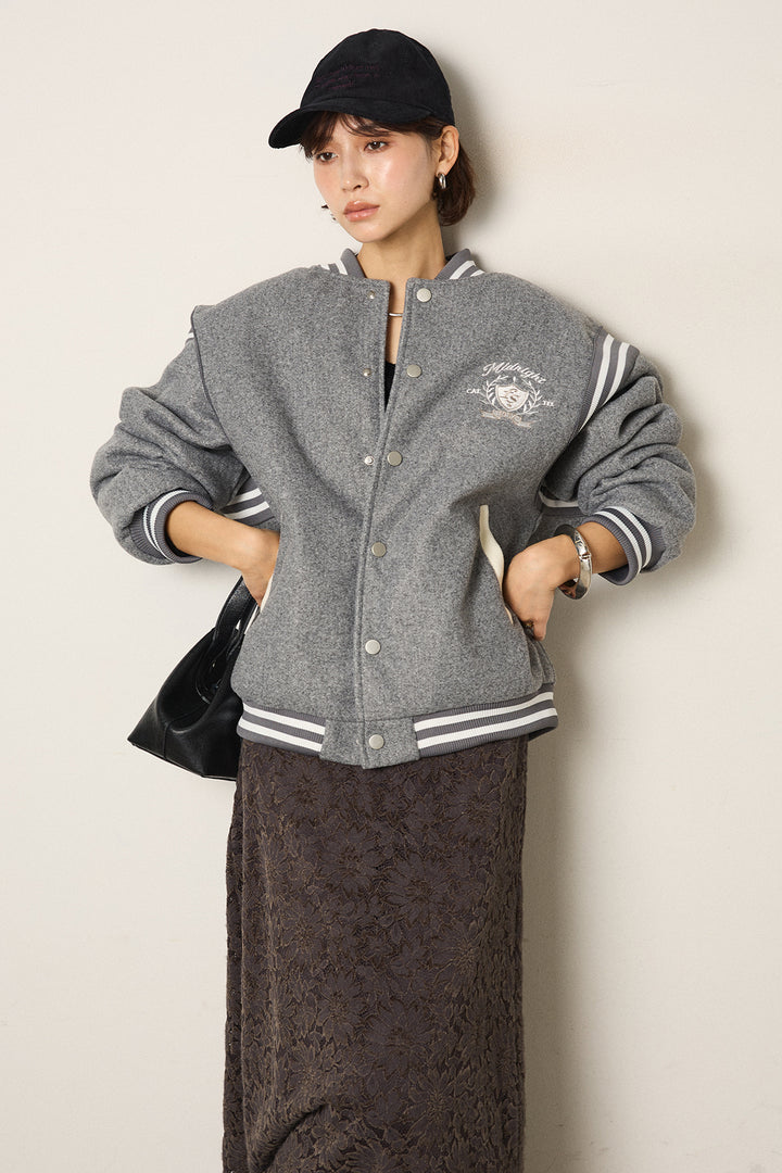 [SET]ワンポイントデザインブルゾン+花柄刺繍ベロアフレアスカート(2set)