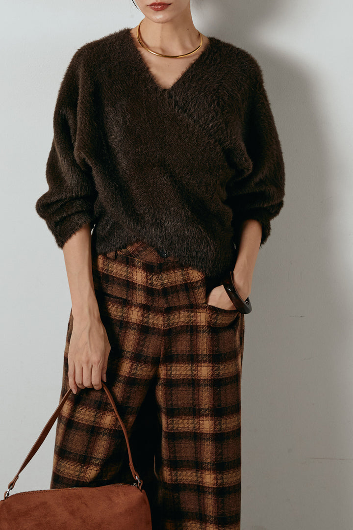 [SET]シャギーカシュクールニットトップス+ルーズタータンチェックワイドパンツ(2set)