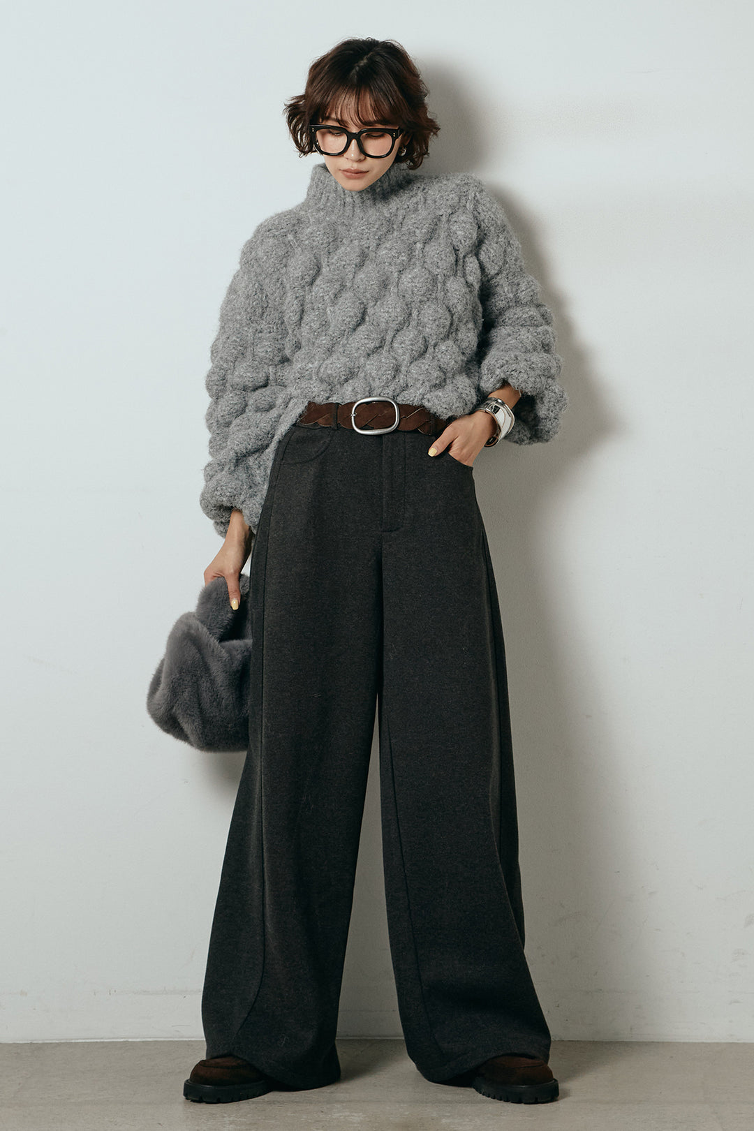 [SET]ボリュームポップコーンニットトップス+編みベルト付きワイドパンツ(2set)