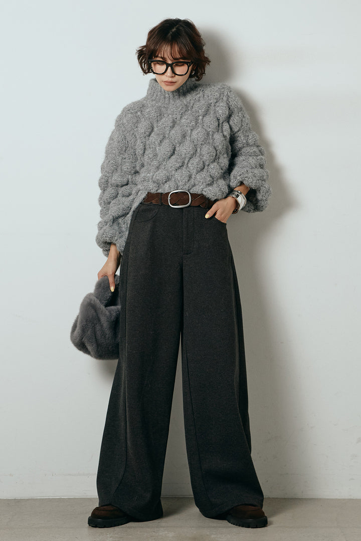 [SET]ボリュームポップコーンニットトップス+編みベルト付きワイドパンツ(2set)