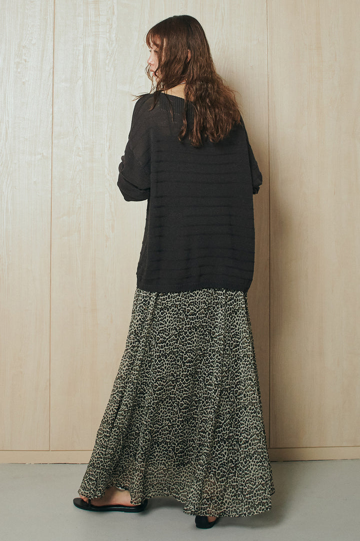 [SET]麻混リラックスニットトップス+リラックスレオパードロングスカート(2set)