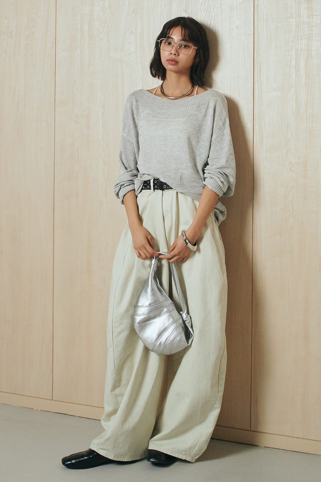 [SET]麻混リラックスニットトップス+ベルト付きカラーデニムパンツ(2set)