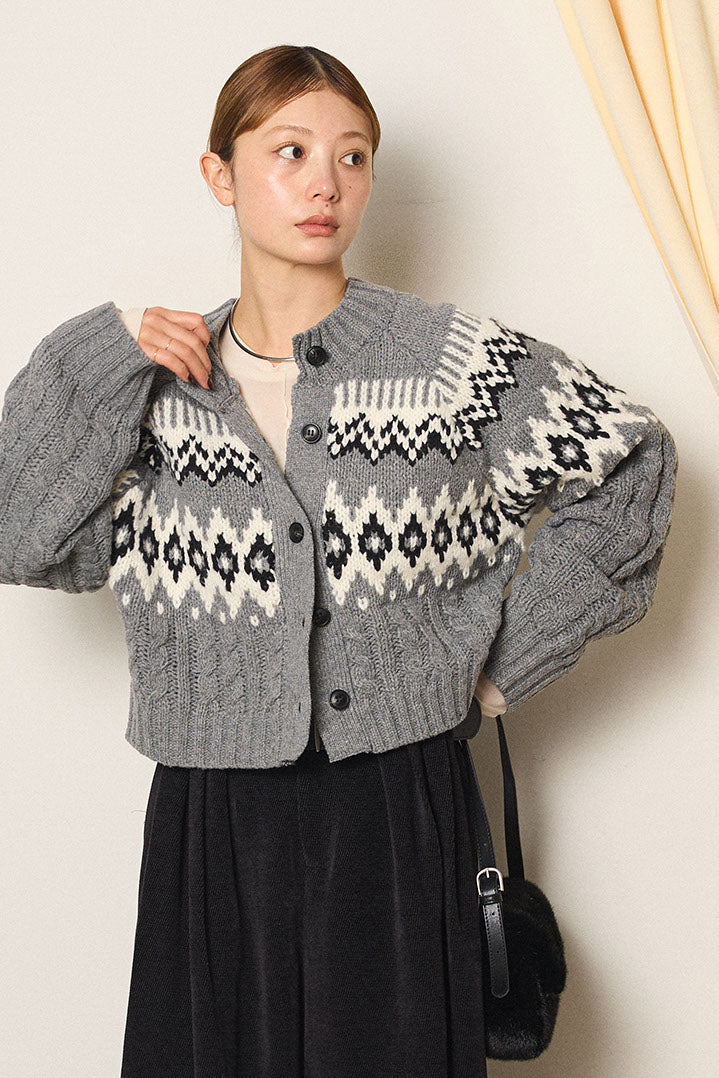 [SET]2WAY求心柄ジャガードショートカーディガン+2WAY袖コード刺繍クルーネックプルオーバー(2set)