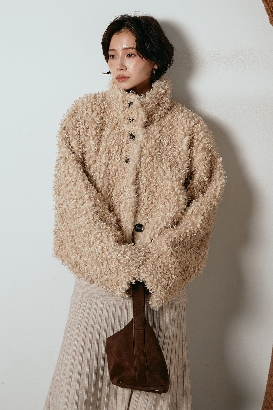 [SET]プードルファーミドルジャケット+編み地切り替えフレアニットスカート(2set)