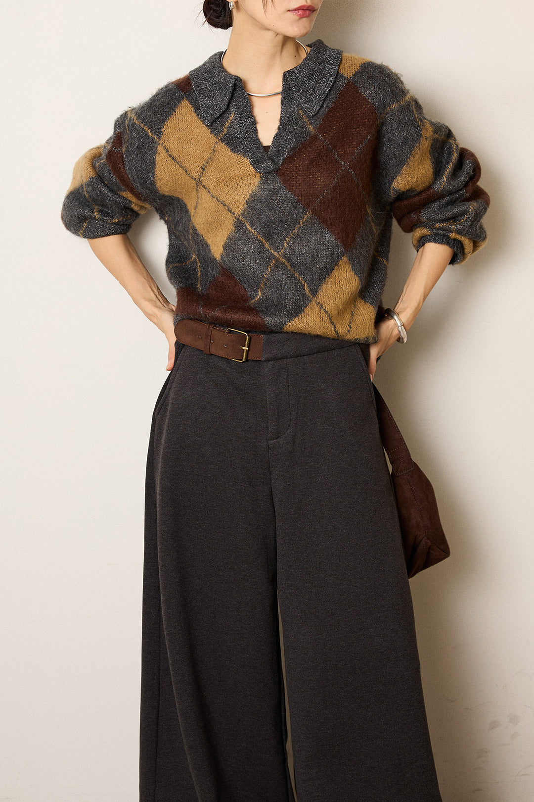 [SET]アクリルモヘアアーガイルキーネックプルオーバー+サイドベルトパンツ(2set)