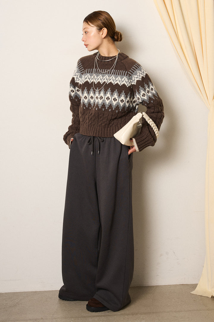 [SET]2WAY求心柄ジャガードショートカーディガン+裏起毛スウェットワイドパンツ(2set)