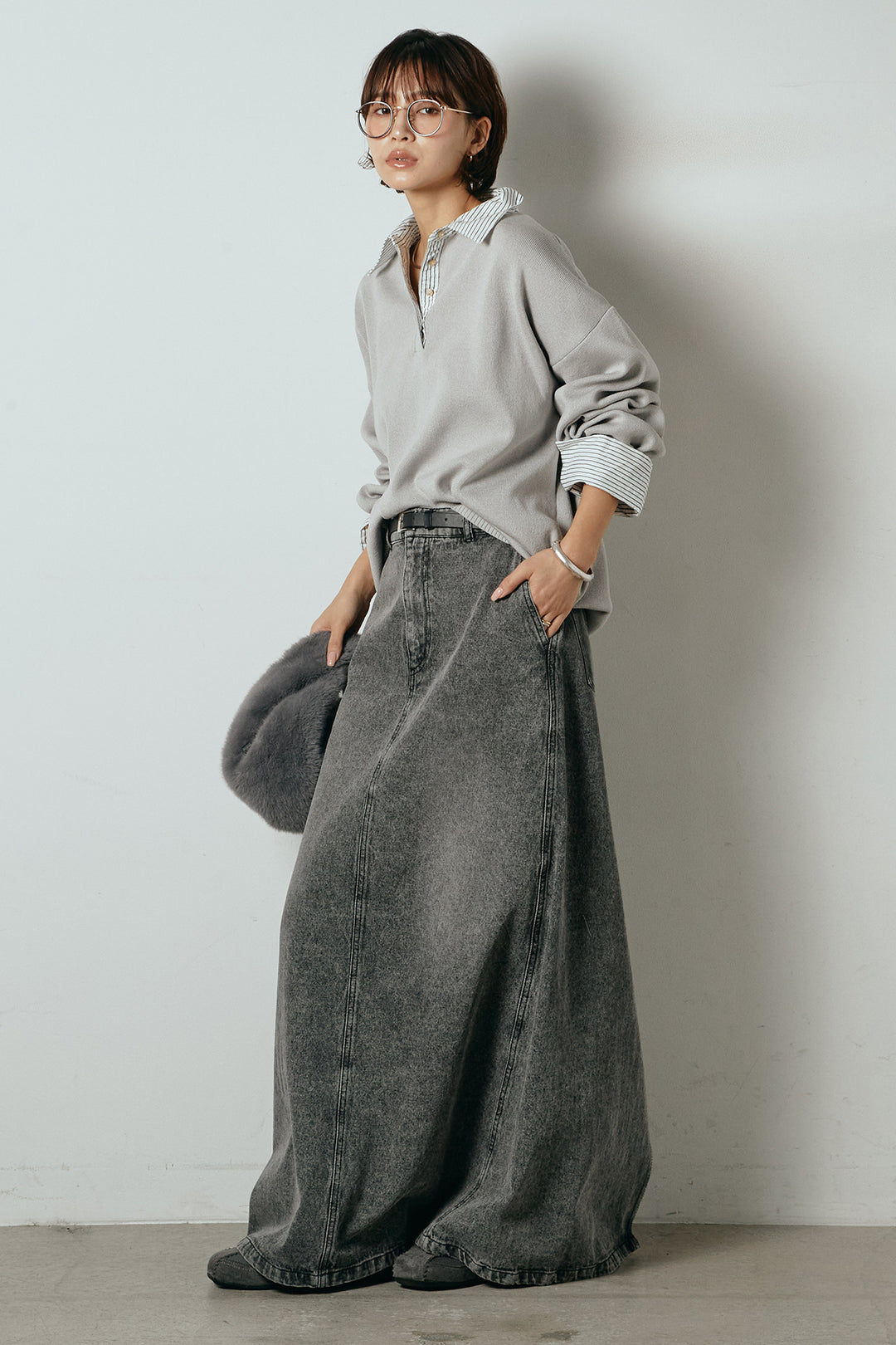 [SET]ストライプシャツドッキングポロトップス+デニムロングフレアスカート(2set)