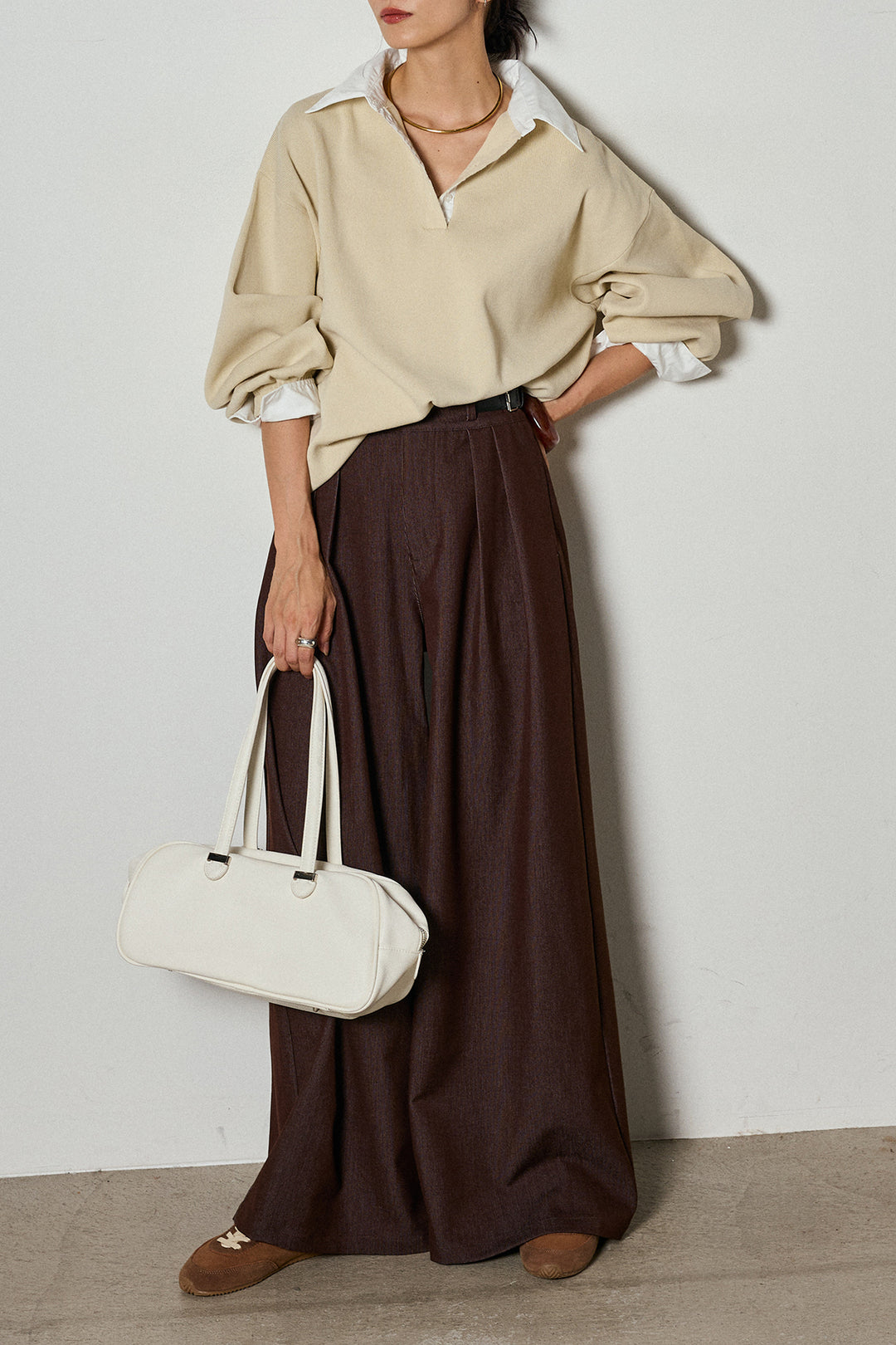 【即納】ウエストベルト付きタックワイドパンツ