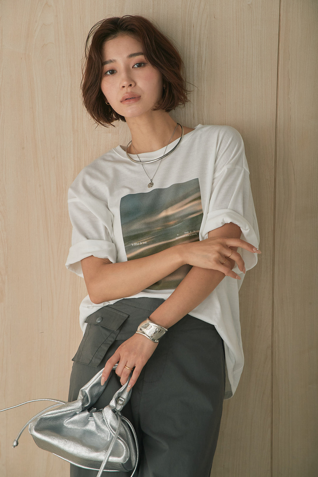 [SET]MarbleプリントTシャツ+ポケットベルト付きニーサイドタックパンツ(2set)