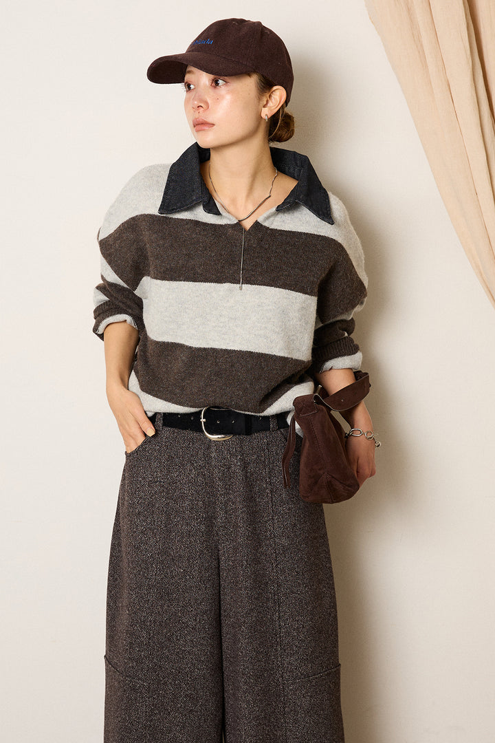 [SET]デニムカラーボーダールーズニット+太ベルト付きツイードワイドパンツ(2set)