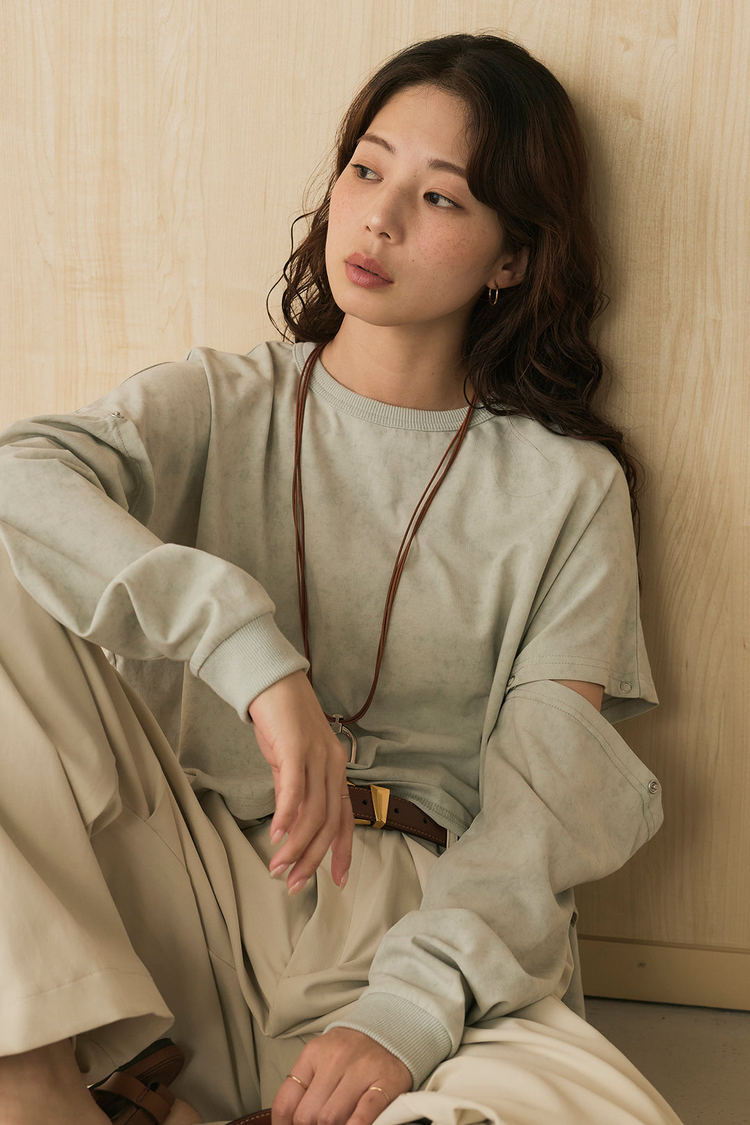 [SET]セパレートフェードTシャツ+ニーサイドタックウエストドロストパンツ(2set)