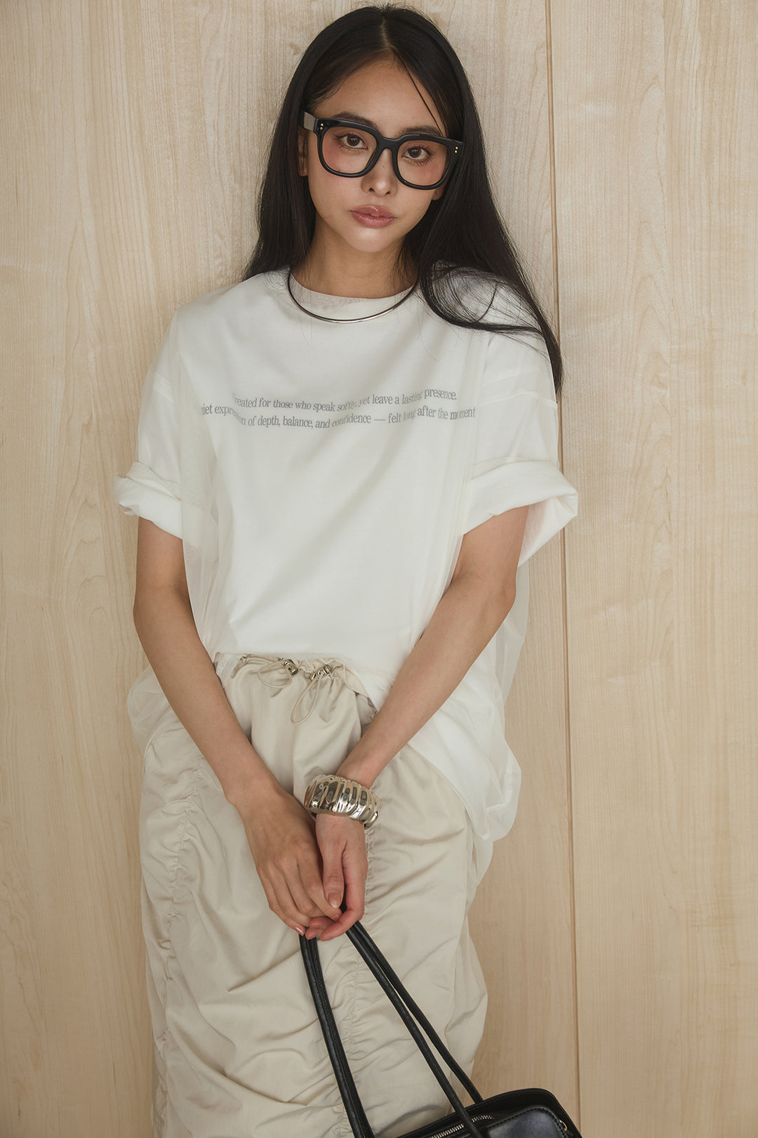 [SET]綿天竺Tシャツ×チュールトップス+ギャザーナロースカート(2set)