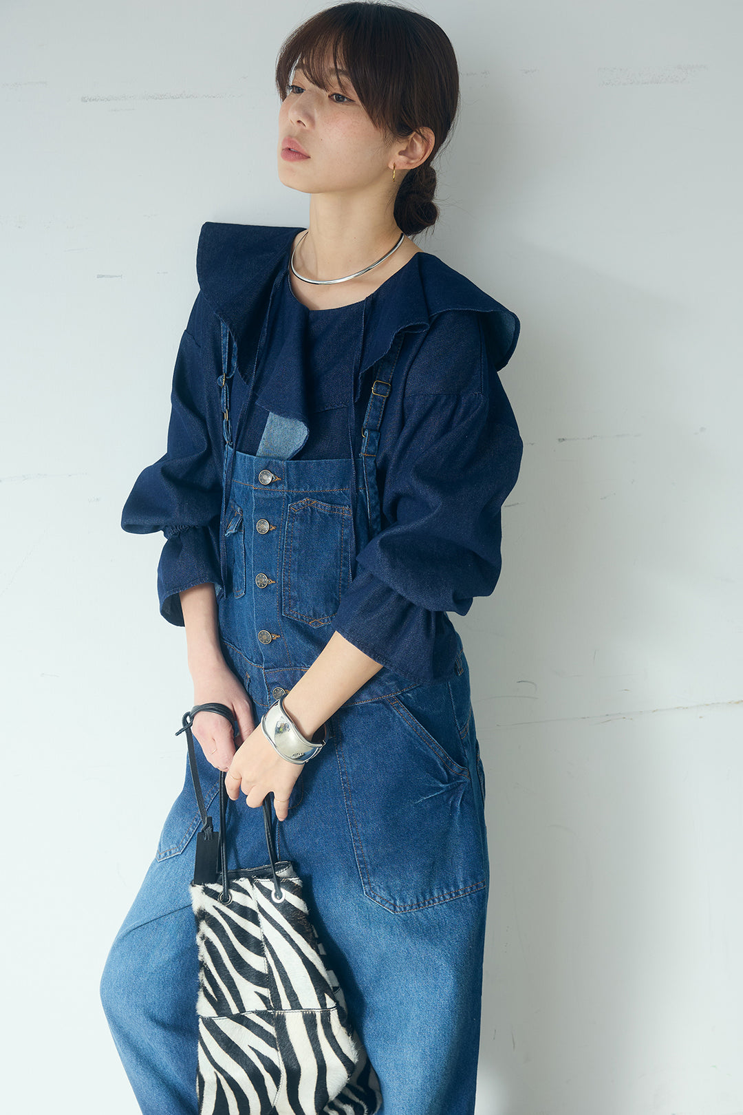 [SET]デニムフリルブラウス+デニムサロペットワイドパンツ(2set)