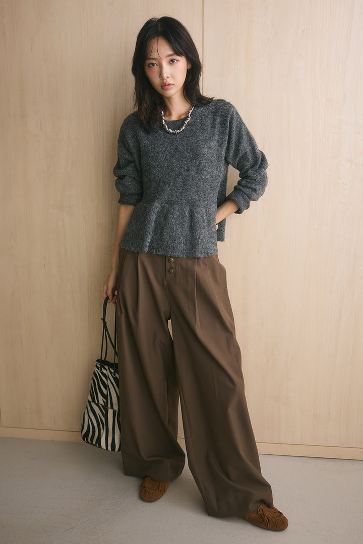 [SET]モヘアぺプラムクルーネックプルオーバー+ファイブボタンツータックワイドパンツ(2set)