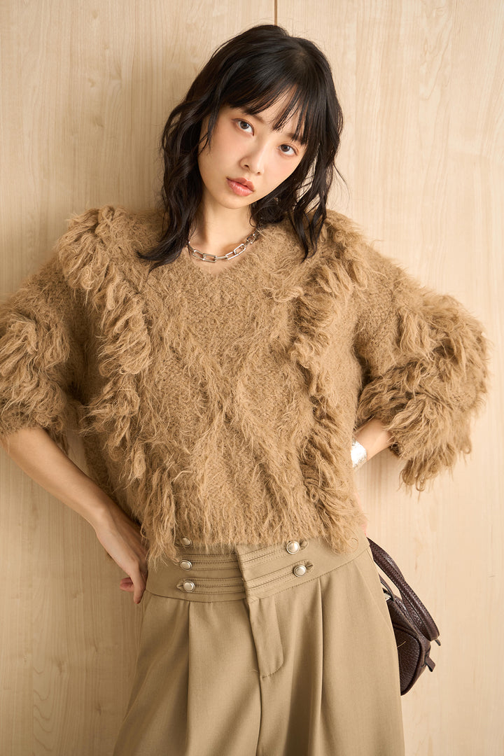 [SET]ランダムロングシャギーVネックニット+ナポレオンボタンデザインワイドパンツ(2set)
