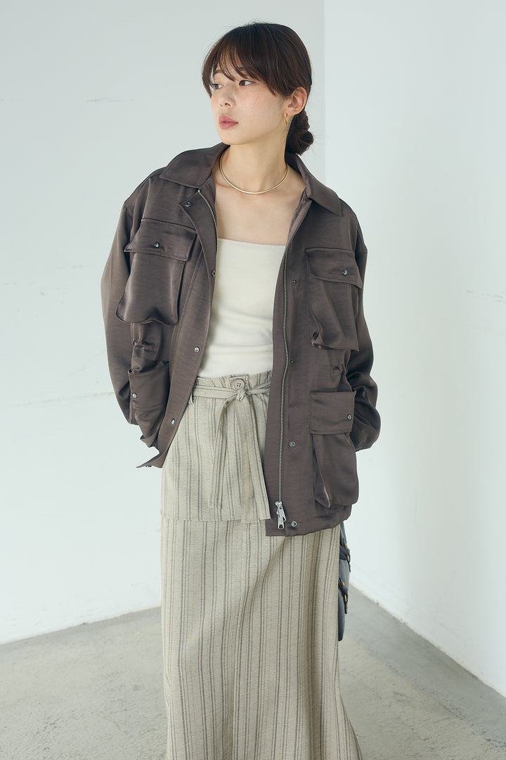 [SET]サテンライトブルゾン+ラップ巻きピンストライプワイドスカート(2set)