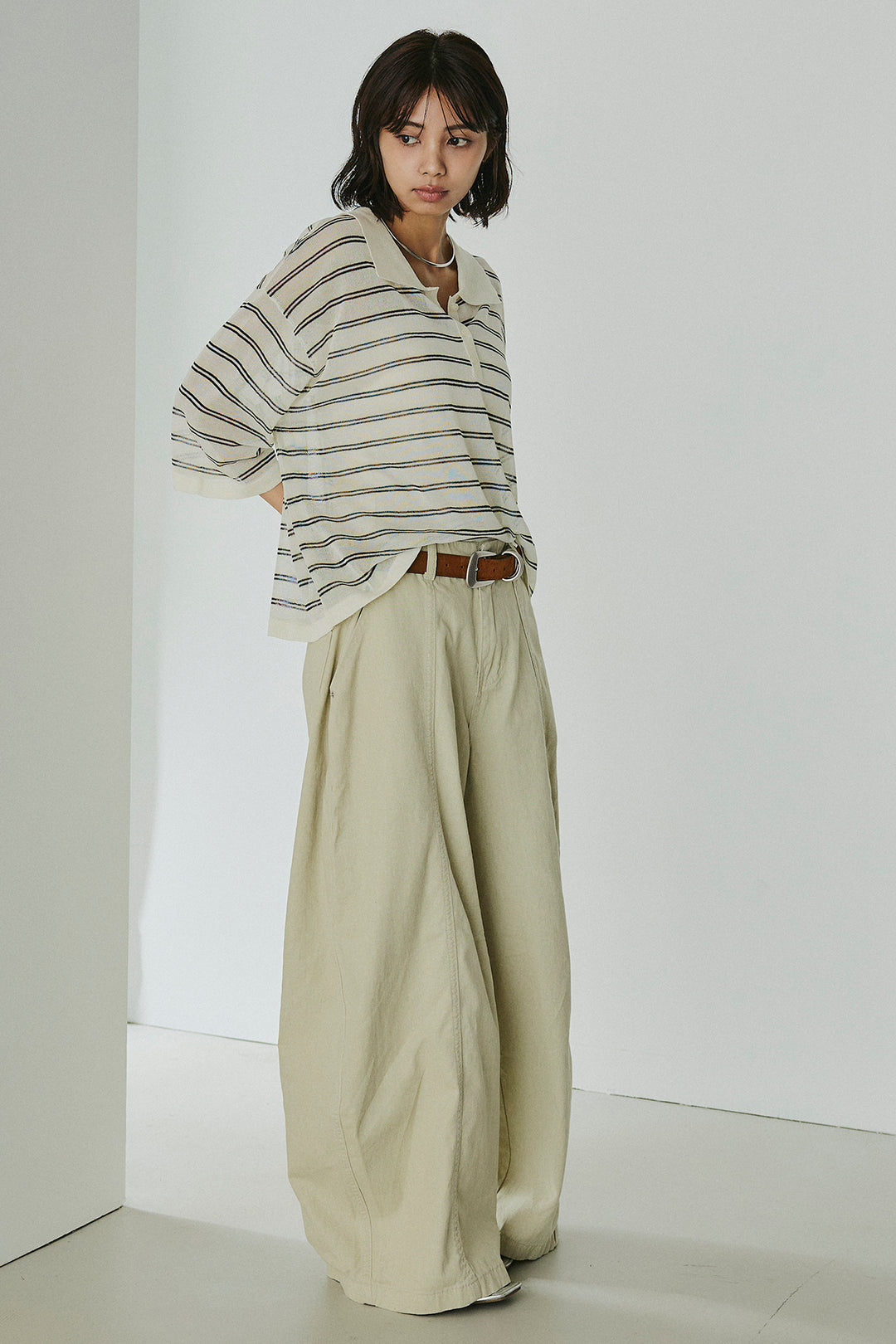 [SET]ボーダーニットポロシャツ+サイドベルトカーブワイドパンツ(2set)