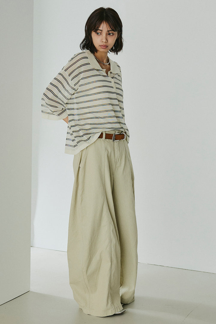 [SET]ボーダーニットポロシャツ+サイドベルトカーブワイドパンツ(2set)