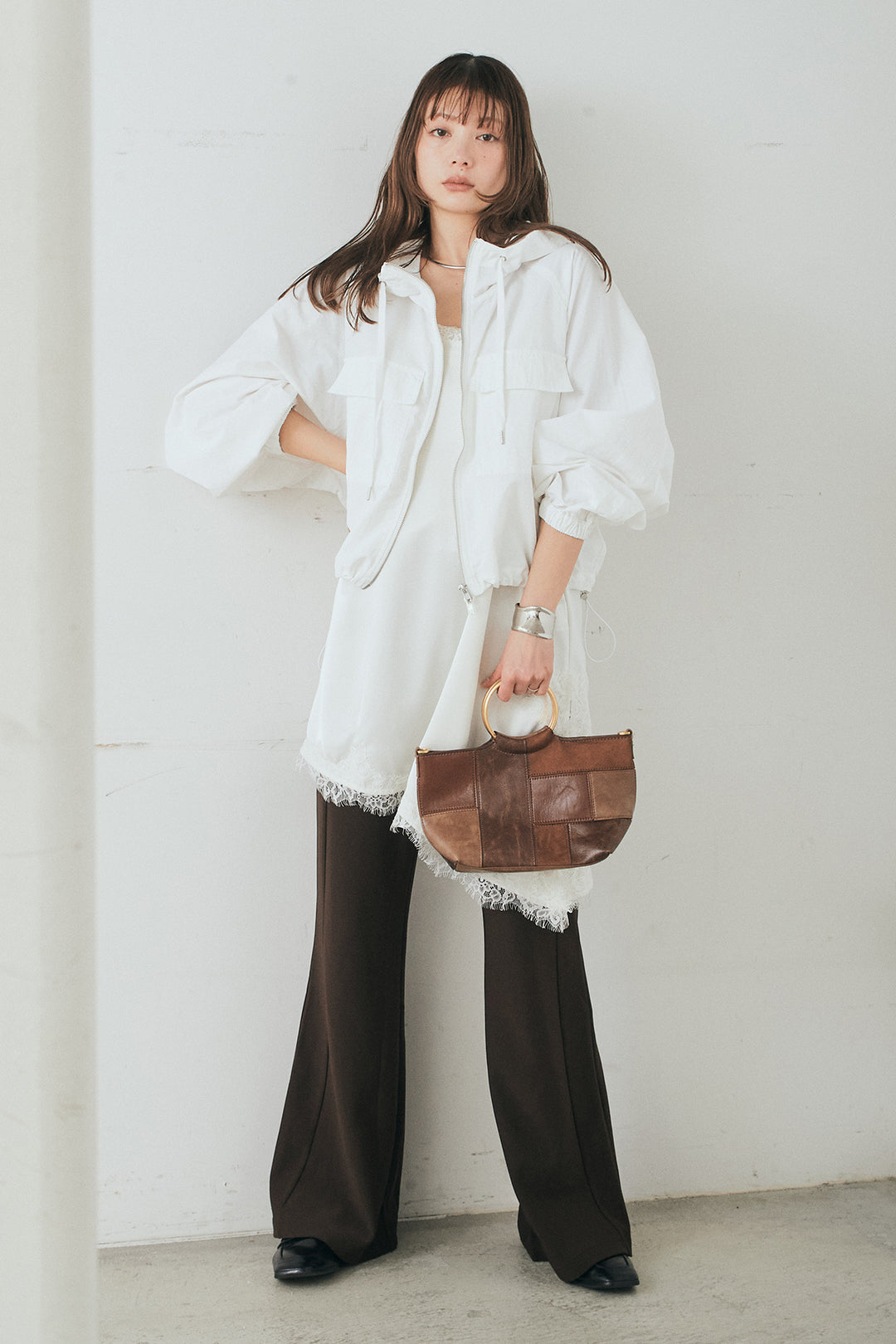 [SET]ナイロンボリュームWジップパーカーブルゾン+細編みベルト付きパンツ(2set)