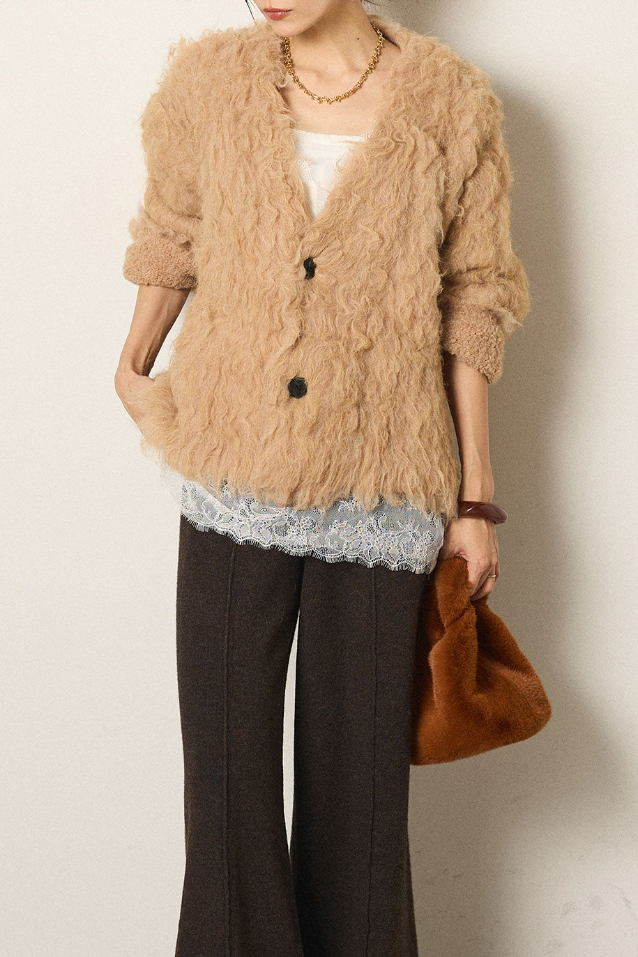 [SET]起毛シャギーニットカーディガン+レース切り替えキャミソール(2set)