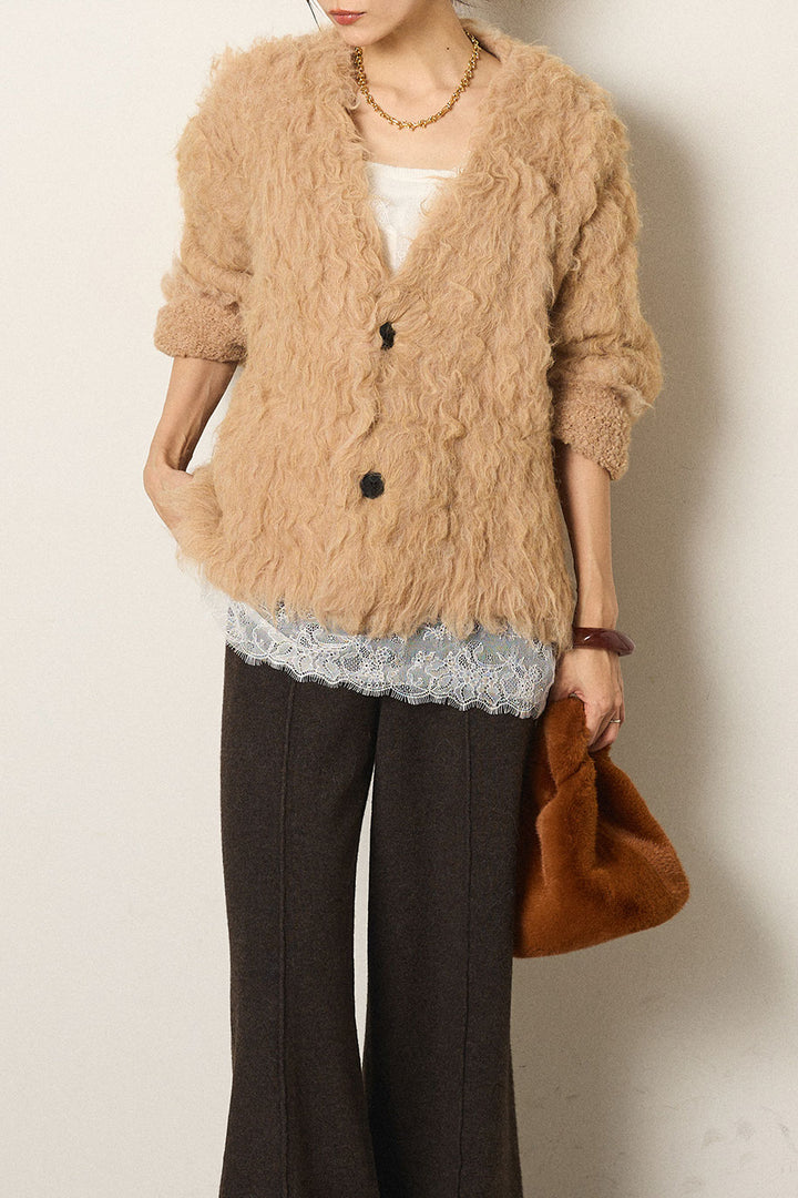 [SET]起毛シャギーニットカーディガン+レース切り替えキャミソール(2set)