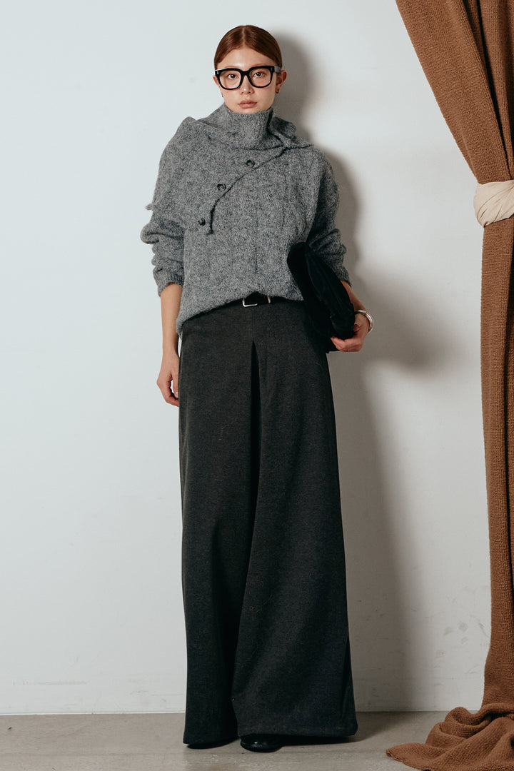 [SET]ケープデザインケーブルニットトップス+ベルト付きフロントタックデザインパンツ(2set)