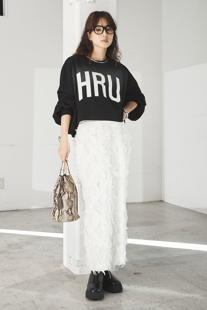 [SET]ビッグロゴHRU袖ボリュームトップス+カットフリンジニットタイトスカート(2set)