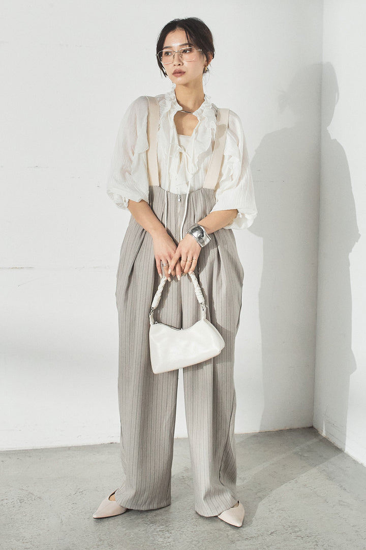 [SET]フロントリボンフリルブラウス+ピンストライプツータックサロペット(2set)