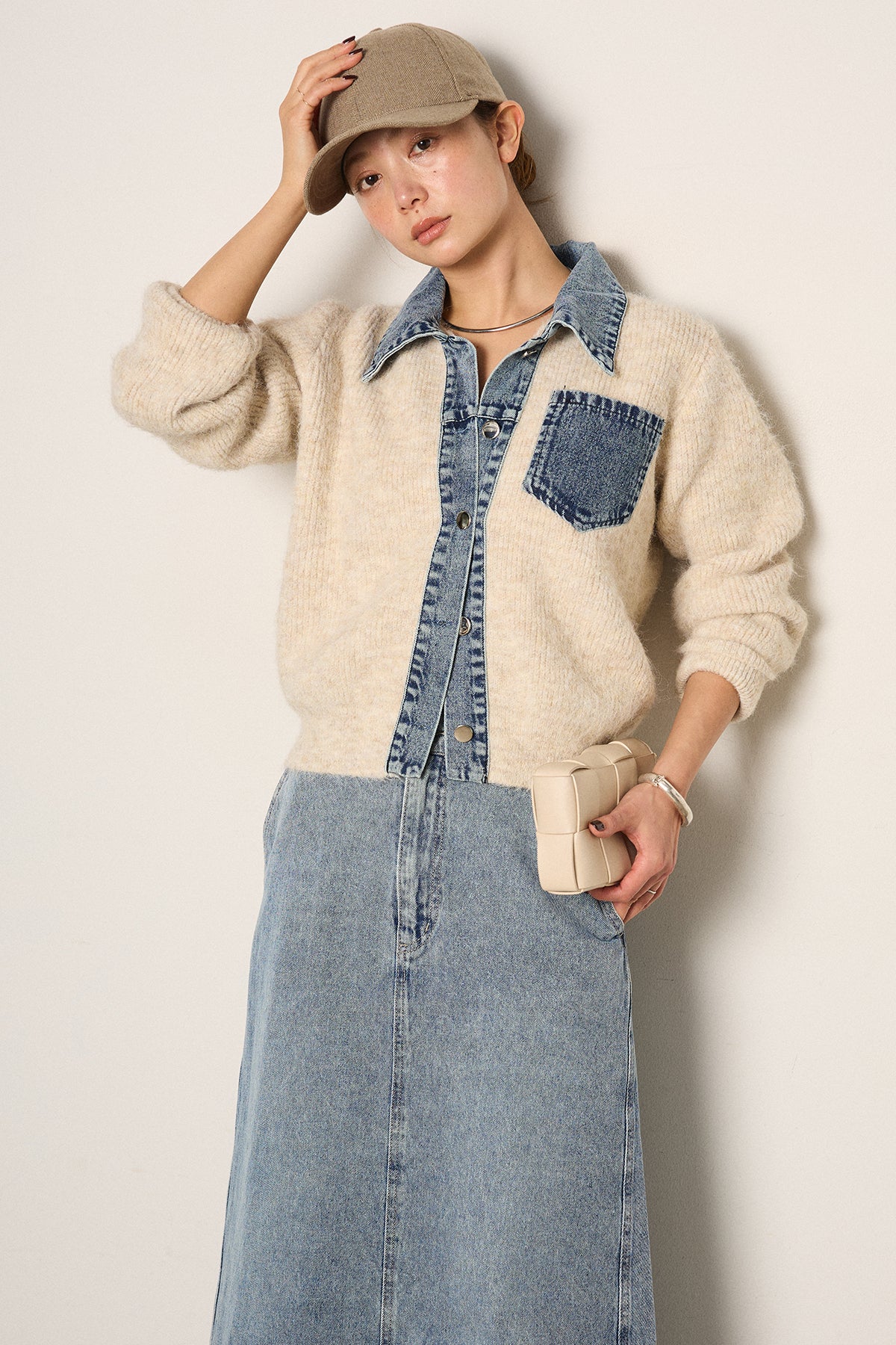 SET]襟付きデニム切替ニットカーディガン+デニムロングフレアスカート