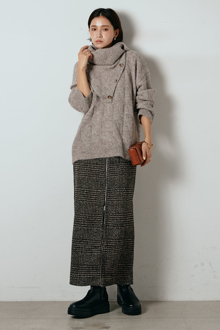 [SET]ケープデザインケーブルニットトップス+グレンチェック柄フロントジップタイトスカート(2set)