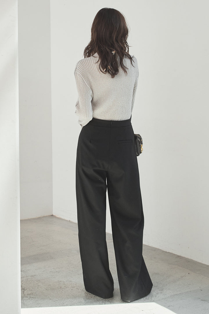 [SET]衿付きニットプルオーバー+サイドベルトタック入りスラックス(2set)