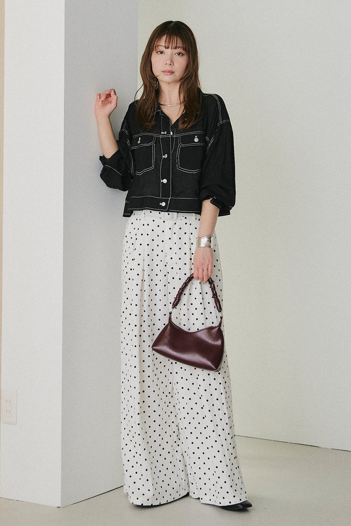 [SET]配色ステッチシアーシャツ+ベルト付きドット柄ワイドパンツ(2set)