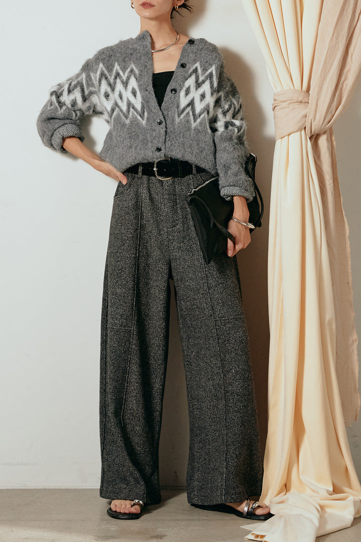 [SET]起毛ノルディック柄ニットカーディガン+太ベルト付きツイードワイドパンツ(2set)
