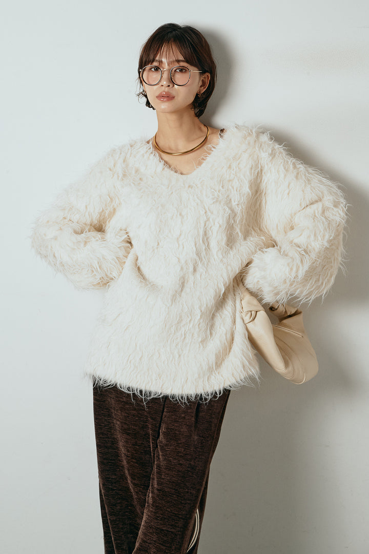 [SET]深Vネックシャギーニットトップス+リラックスサイドラインベロアワイドパンツ(2set)