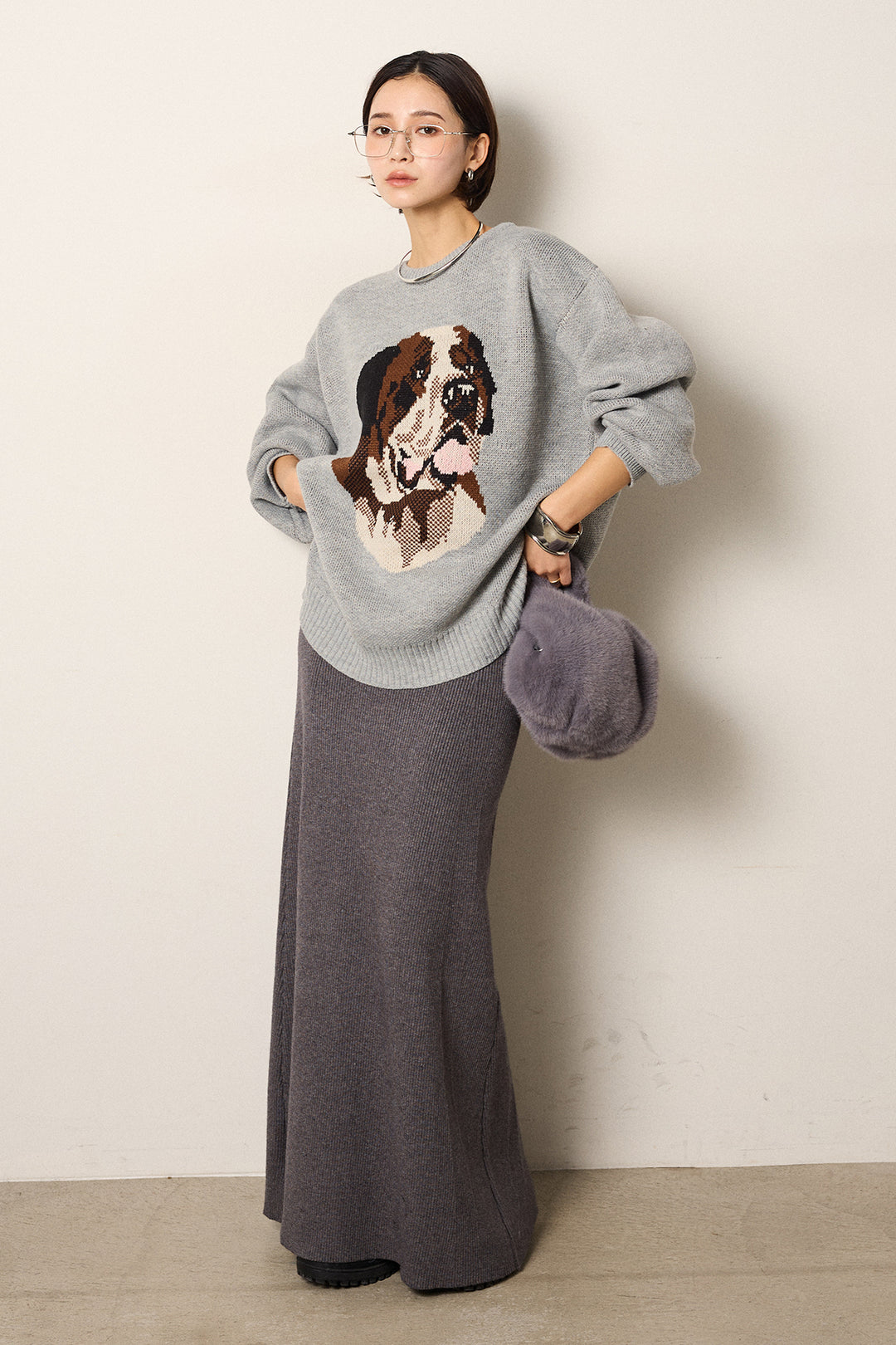 [SET]アニマルジャガード柄ニットトップス+リブナローニットスカート(2set)