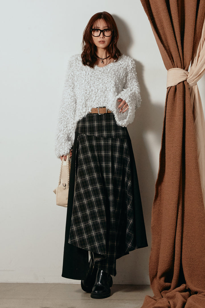 [SET]深Vネックチョウチョヤーンニットトップス+フェイクレザーベルト付き切り替えタータンチェックスカート(2set)
