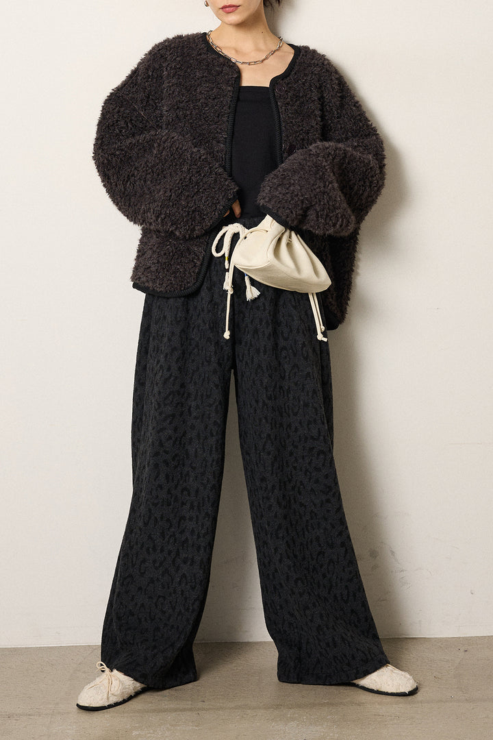 [SET]ノーカラー裏地レオパードボアアウター+レオパードジャガードニットパンツ(2set)